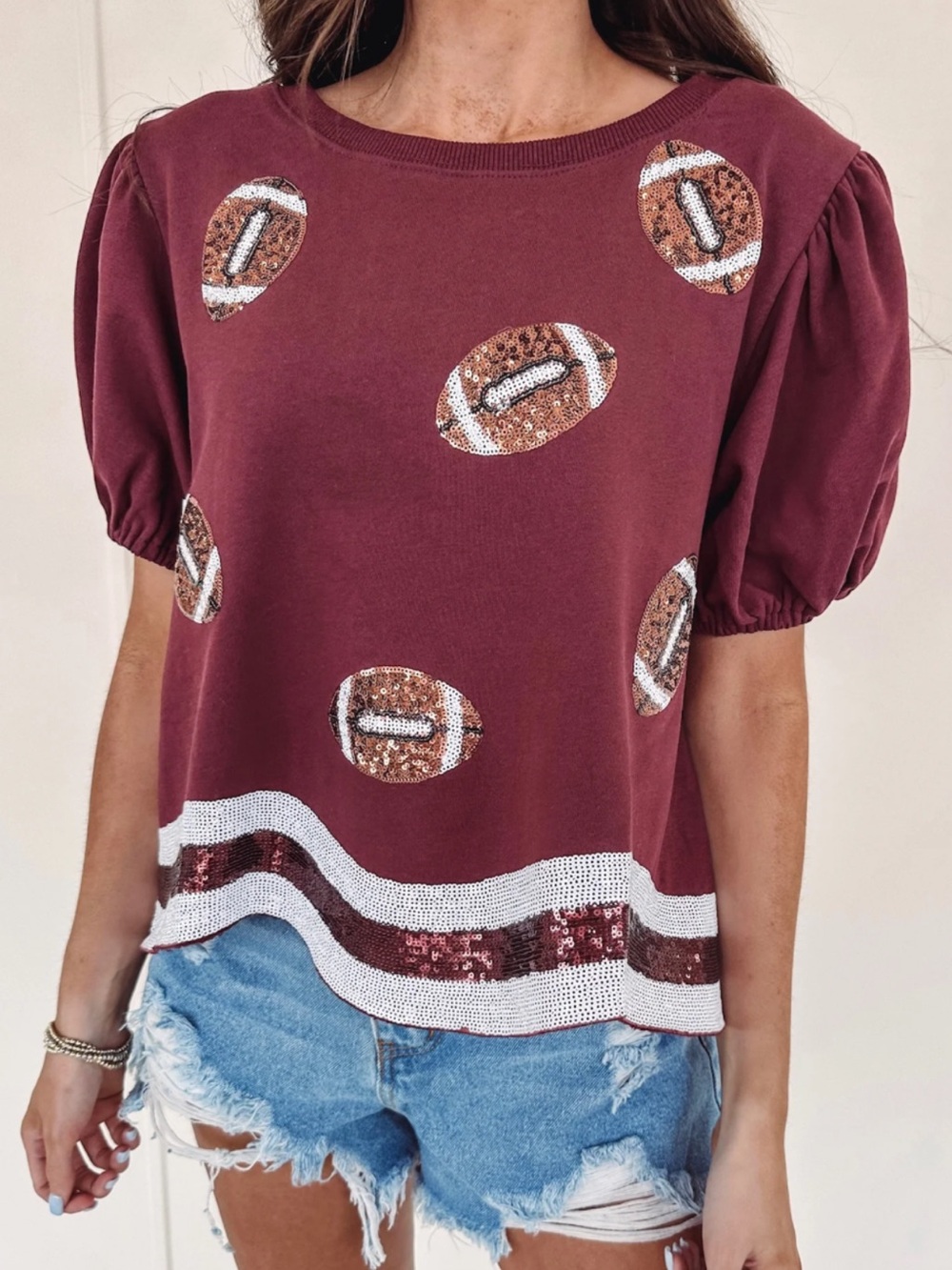 Peach Love California Maroon Puff-Sleeve Sequin Football Tee
